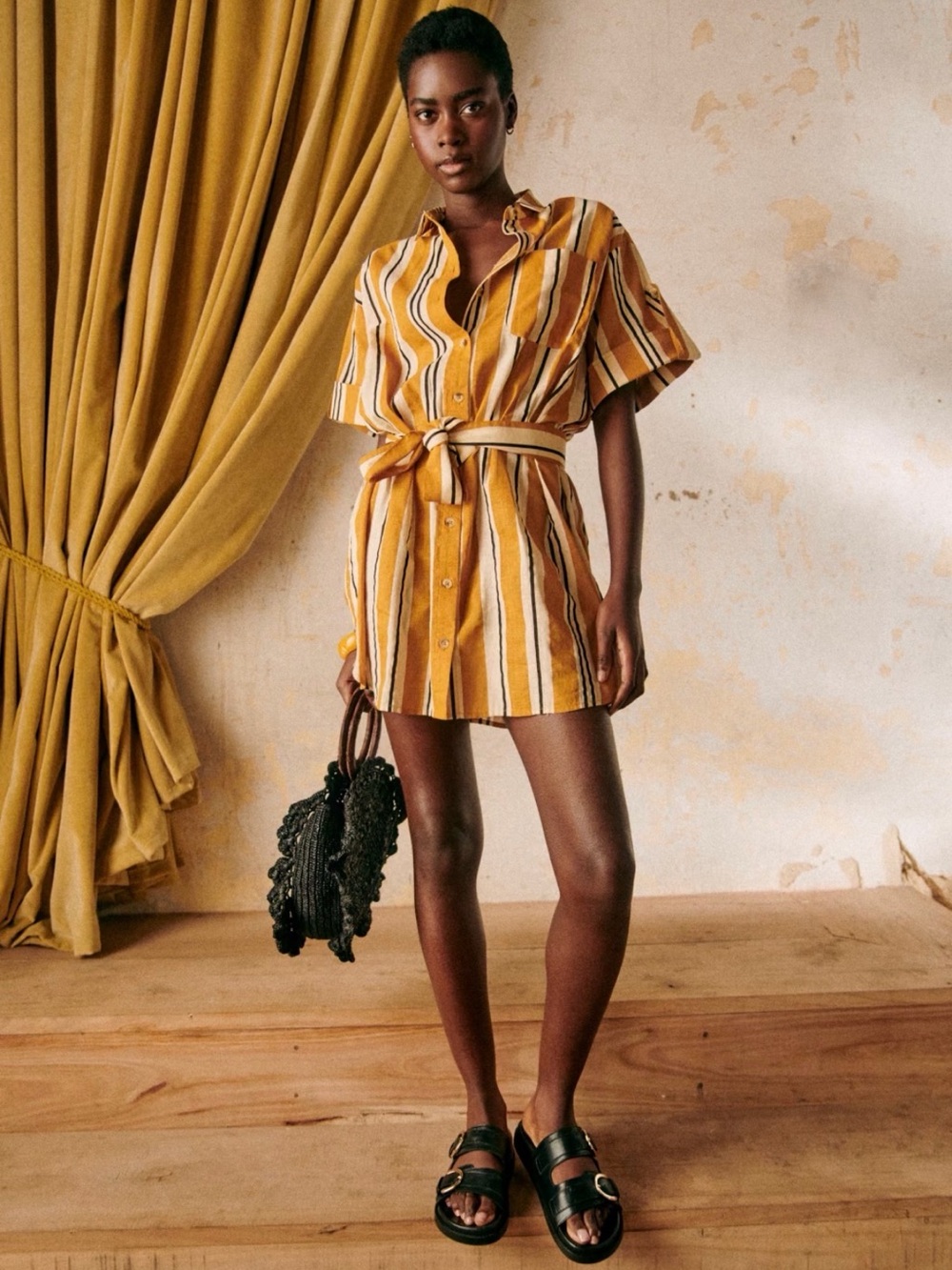 Sezane Célia Dress Ochre, Ecru And Black Stripes - Size S